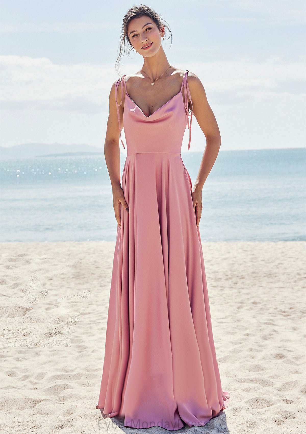 A-line V Neck Sleeveless Floor-Length Stretch Satin Bridesmaid Dresses with Split Shayla DTP0025247