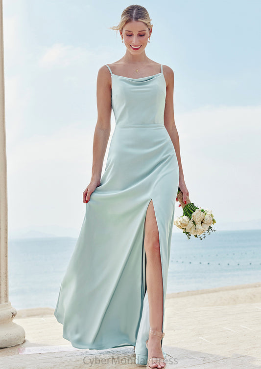 A-line Square Neckline Sleeveless Floor-Length Stretch Satin Bridesmaid Dresses with Split Arabella DTP0025248