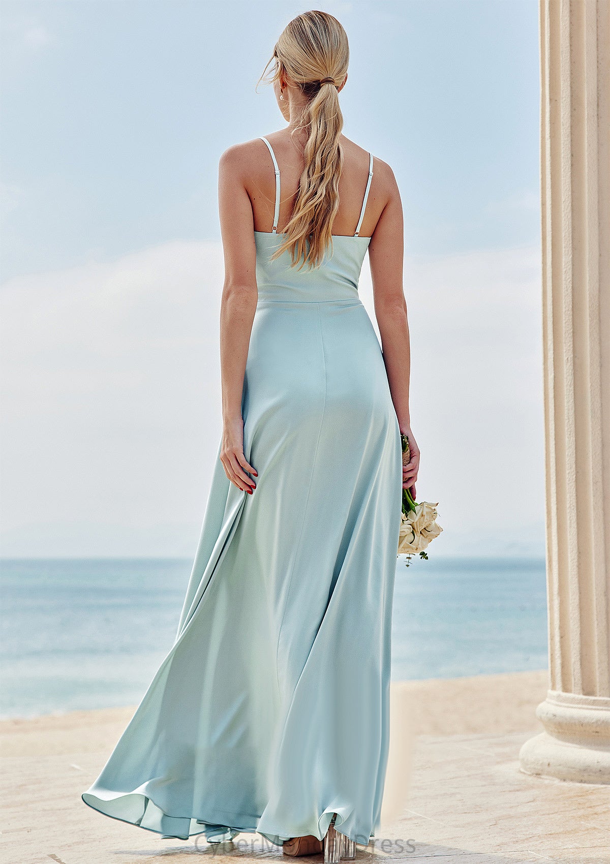 A-line Square Neckline Sleeveless Floor-Length Stretch Satin Bridesmaid Dresses with Split Arabella DTP0025248