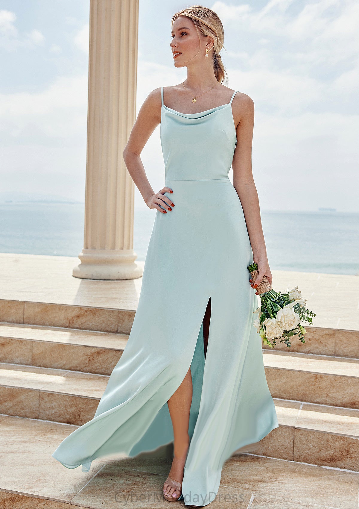 A-line Square Neckline Sleeveless Floor-Length Stretch Satin Bridesmaid Dresses with Split Arabella DTP0025248