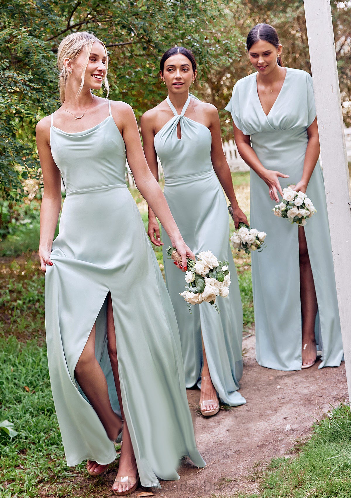 A-line Square Neckline Sleeveless Floor-Length Stretch Satin Bridesmaid Dresses with Split Arabella DTP0025248