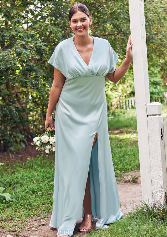 Empire V Neck Short Sleeve Floor-Length Stretch Satin Bridesmaid Dresses with Split Muriel DTP0025249