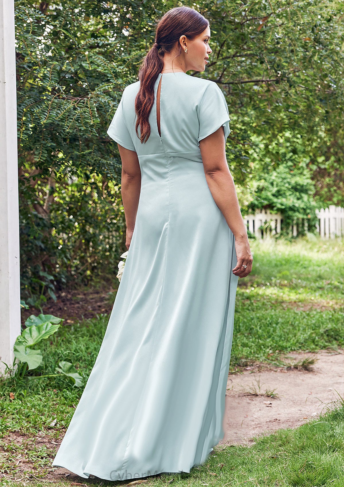 Empire V Neck Short Sleeve Floor-Length Stretch Satin Bridesmaid Dresses with Split Muriel DTP0025249