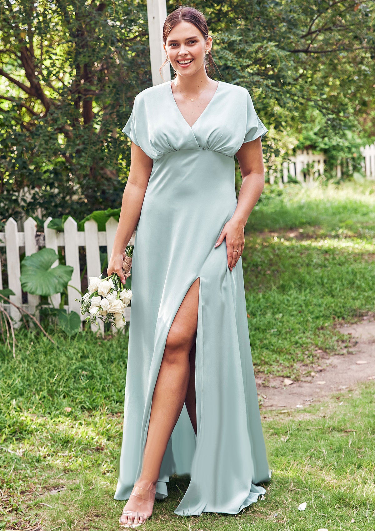 Empire V Neck Short Sleeve Floor-Length Stretch Satin Bridesmaid Dresses with Split Muriel DTP0025249