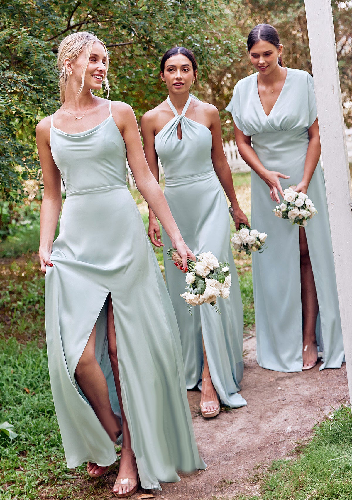 Empire V Neck Short Sleeve Floor-Length Stretch Satin Bridesmaid Dresses with Split Muriel DTP0025249