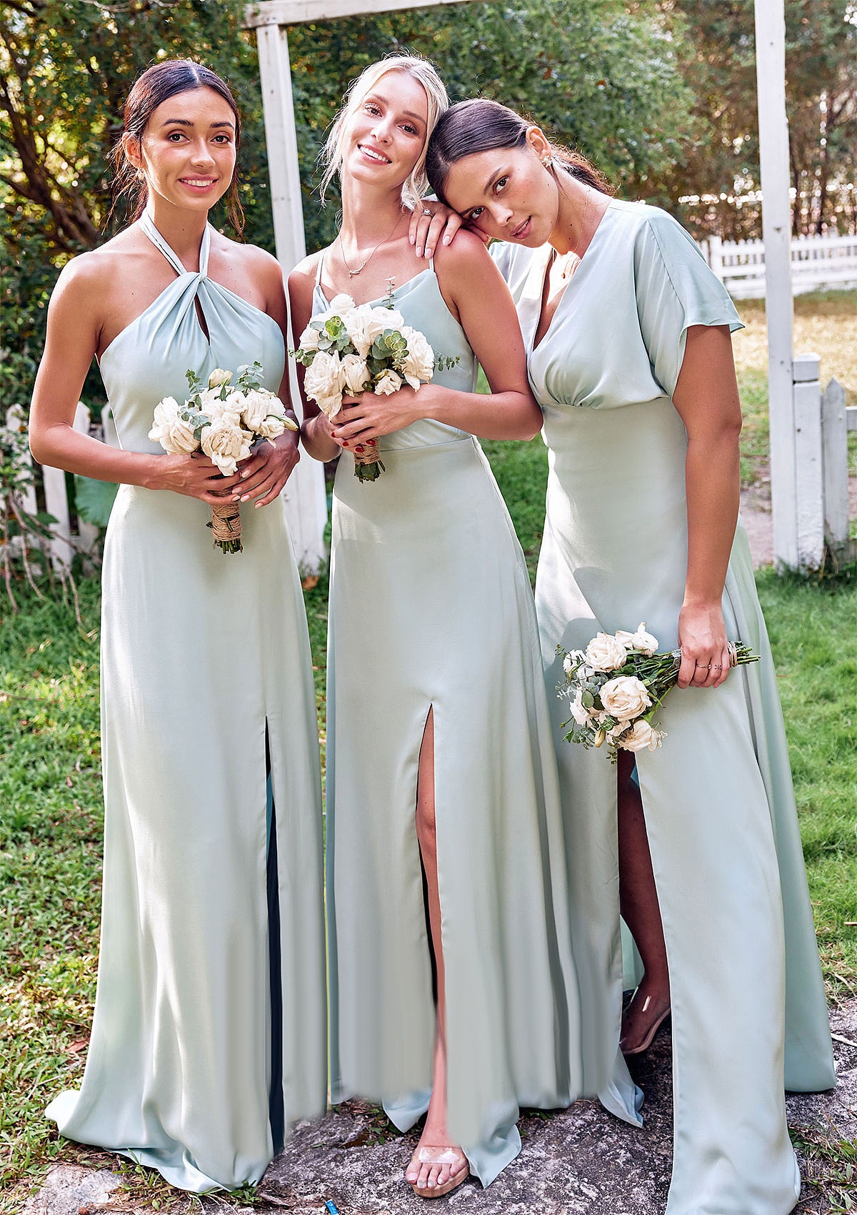 Empire V Neck Short Sleeve Floor-Length Stretch Satin Bridesmaid Dresses with Split Muriel DTP0025249