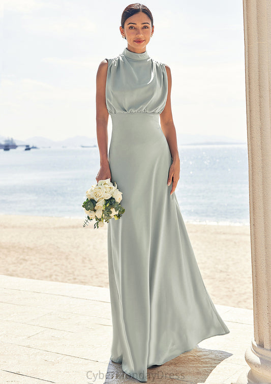 A-line High-Neck Sleeveless Floor-Length Stretch Satin Bridesmaid Dresses Joyce DTP0025252