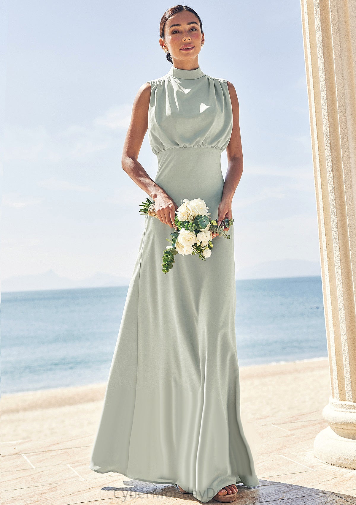 A-line High-Neck Sleeveless Floor-Length Stretch Satin Bridesmaid Dresses Joyce DTP0025252