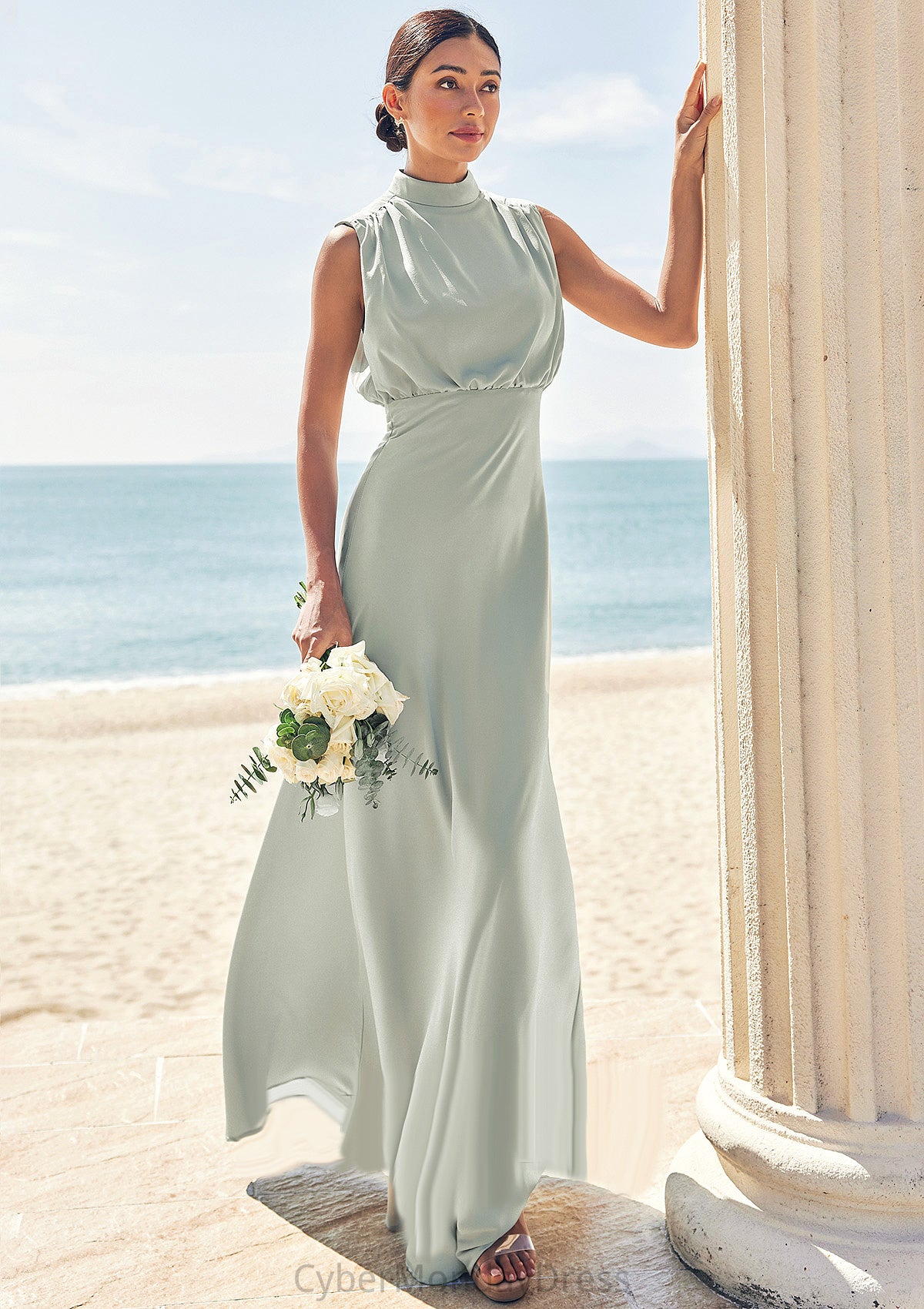 A-line High-Neck Sleeveless Floor-Length Stretch Satin Bridesmaid Dresses Joyce DTP0025252