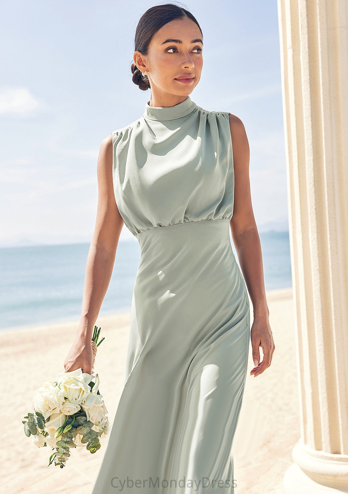 A-line High-Neck Sleeveless Floor-Length Stretch Satin Bridesmaid Dresses Joyce DTP0025252