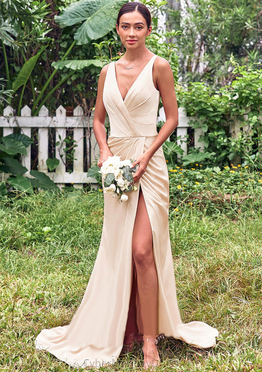 Trumpet/Mermaid V Neck Sleeveless Floor-Length Stretch Satin Bridesmaid Dresses with Pleated Split Elliana DTP0025255