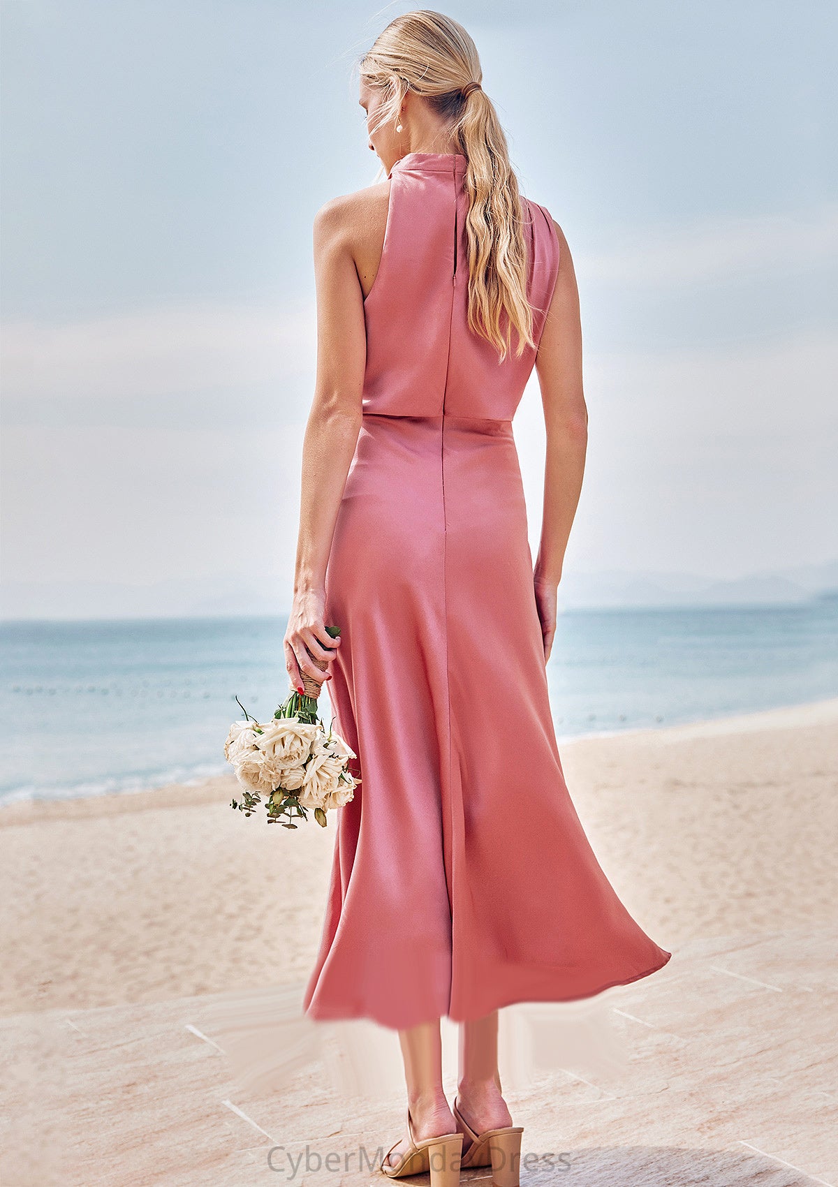 Sheath/Column High-Neck Sleeveless Tea-Length Stretch Satin Bridesmaid Dresses with Pleated Kinley DTP0025257