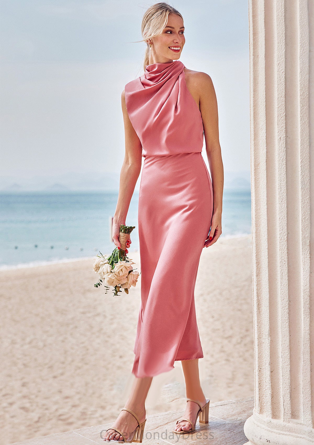 Sheath/Column High-Neck Sleeveless Tea-Length Stretch Satin Bridesmaid Dresses with Pleated Kinley DTP0025257