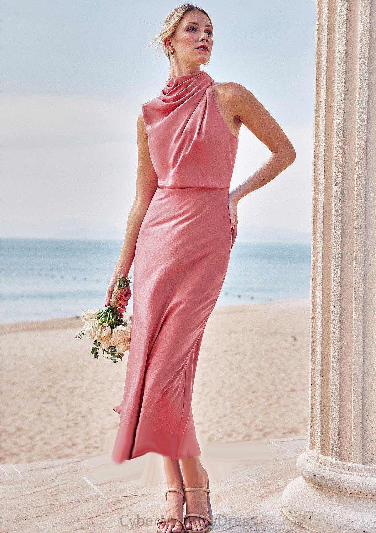 Sheath/Column High-Neck Sleeveless Tea-Length Stretch Satin Bridesmaid Dresses with Pleated Kinley DTP0025257