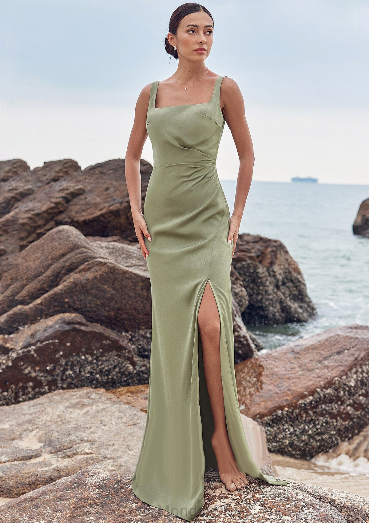 Sheath/Column Square Neckline Sleeveless Floor-Length Stretch Satin Bridesmaid Dresses with Pleated Split Alexia DTP0025258