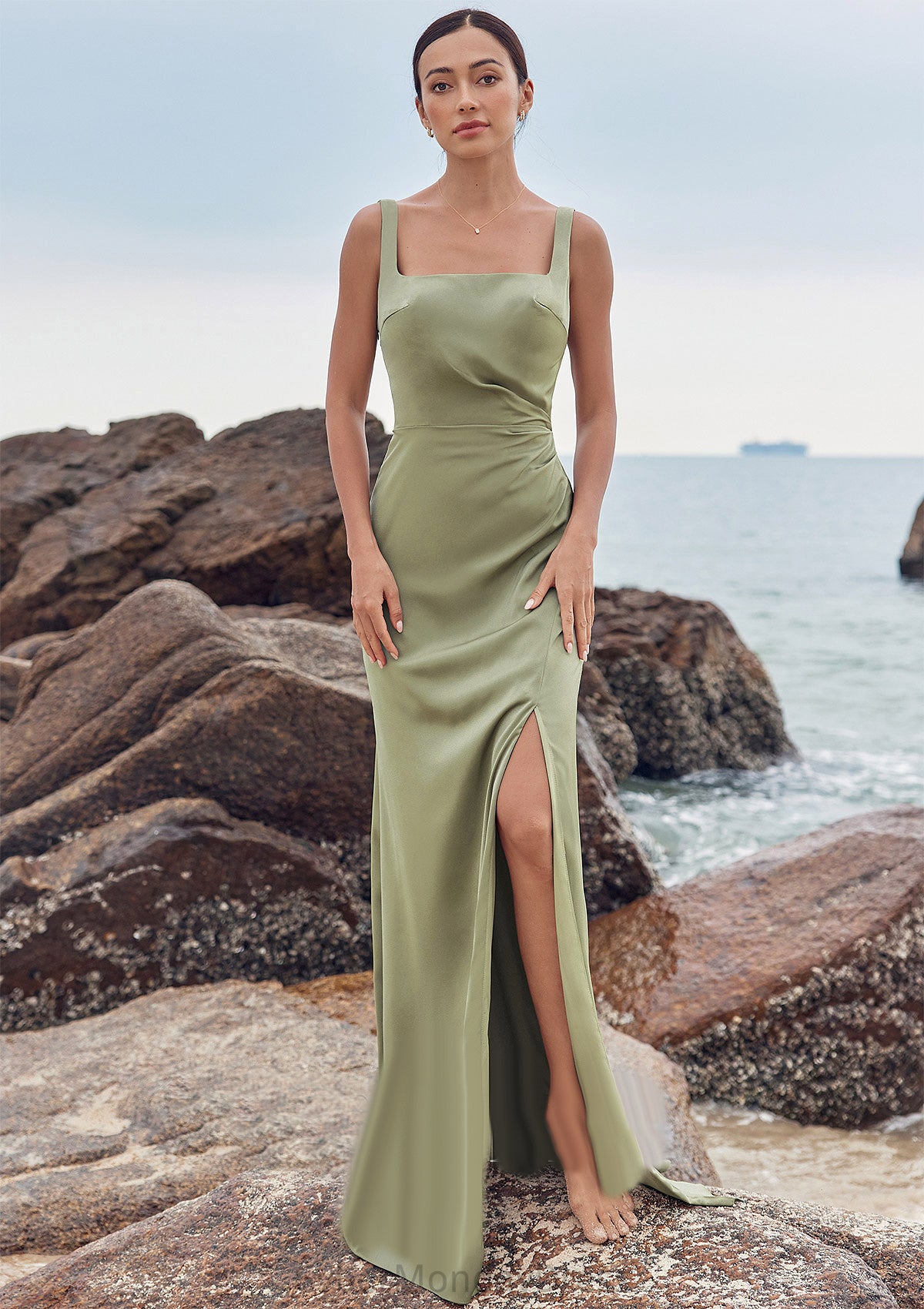 Sheath/Column Square Neckline Sleeveless Floor-Length Stretch Satin Bridesmaid Dresses with Pleated Split Alexia DTP0025258