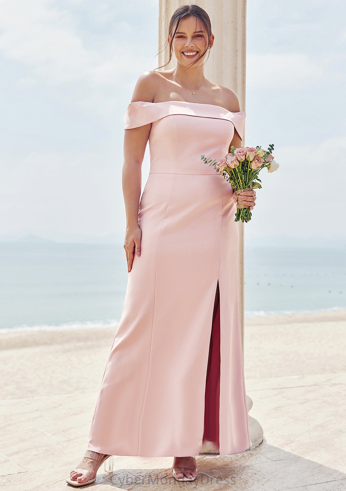 Trumpet/Mermaid Off-the-Shoulder Sleeveless Floor-Length Stretch Crepe Plus Size Bridesmaid Dresses Zaria DTP0025261