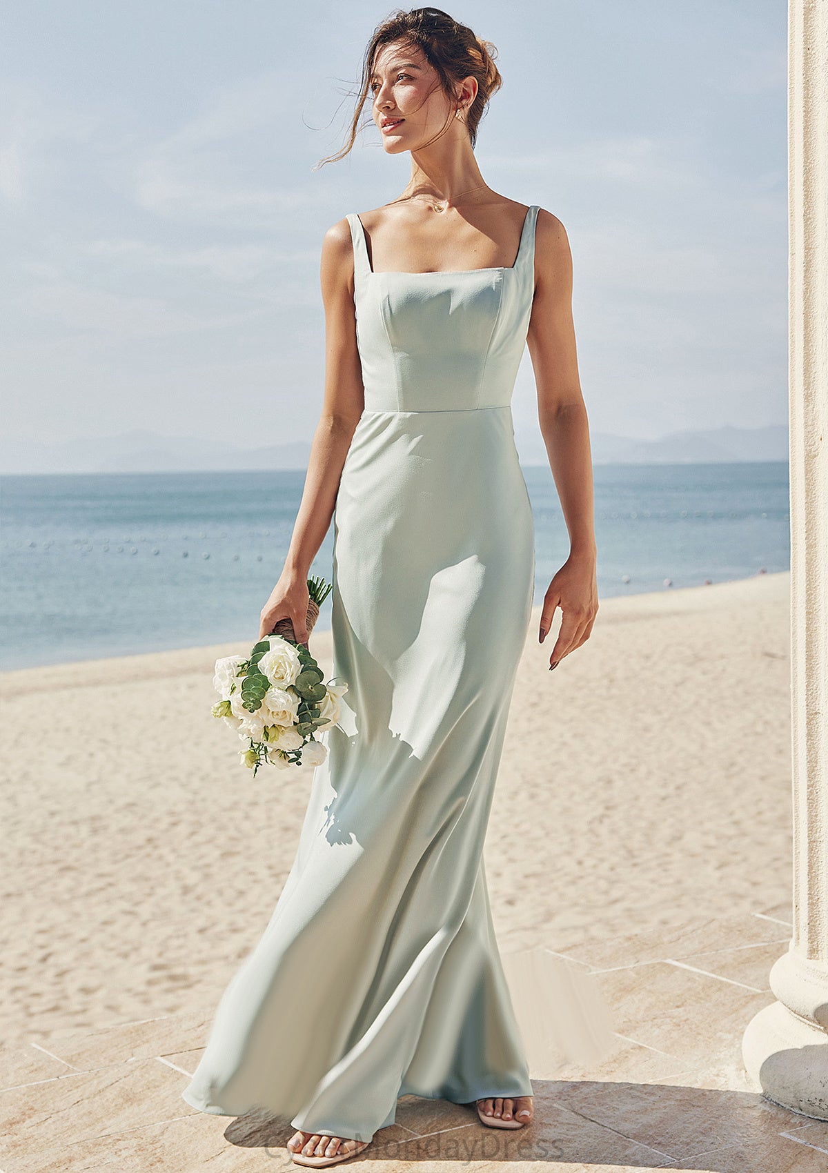 Sheath/Column Square Neckline Sleeveless Floor-Length Stretch Satin Bridesmaid Dresses Aria DTP0025262