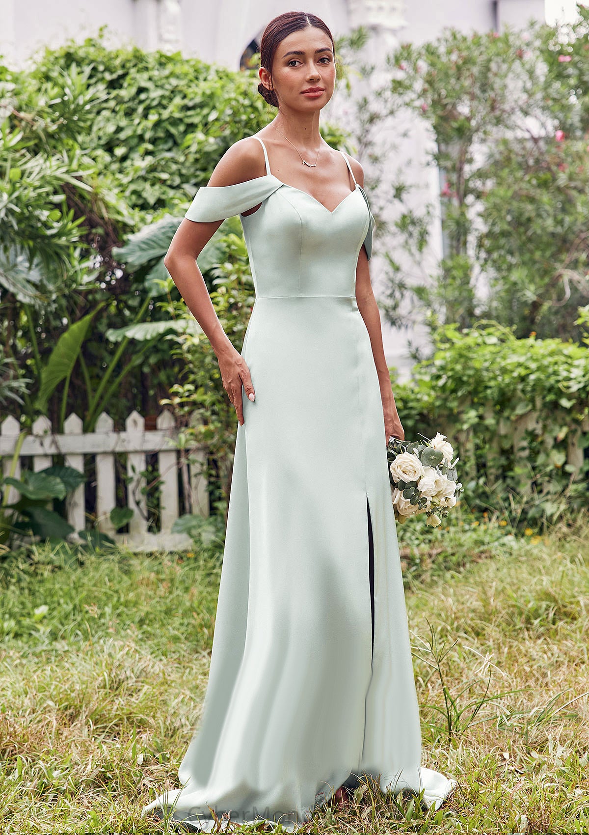 A-line V Neck Sleeveless Floor-Length Stretch Satin Bridesmaid Dresses with Split Marlee DTP0025263