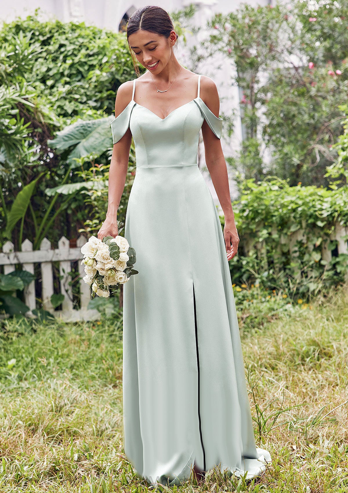 A-line V Neck Sleeveless Floor-Length Stretch Satin Bridesmaid Dresses with Split Marlee DTP0025263