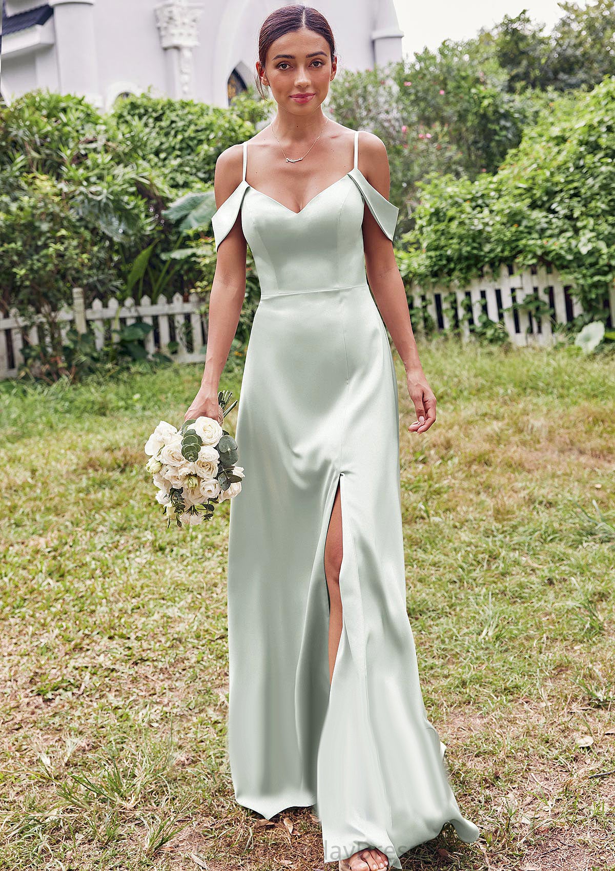 A-line V Neck Sleeveless Floor-Length Stretch Satin Bridesmaid Dresses with Split Marlee DTP0025263