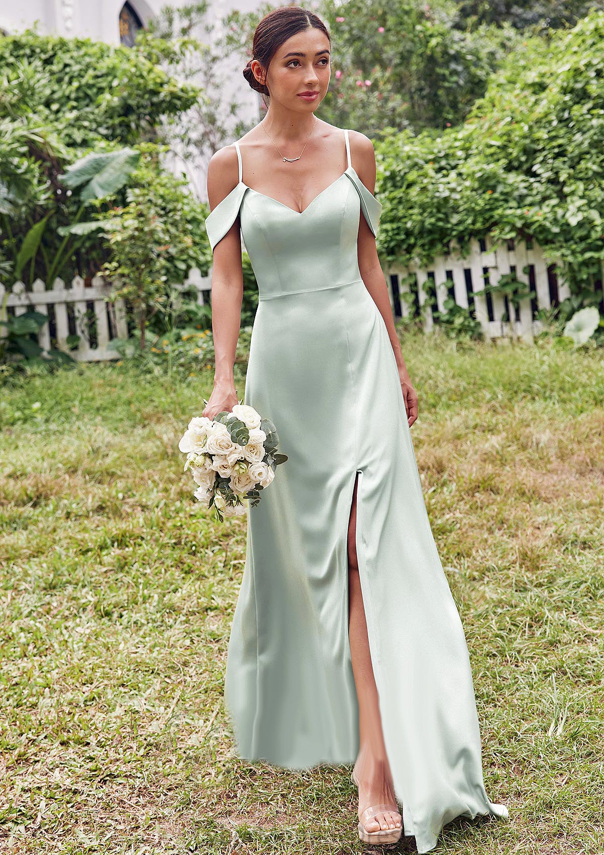 A-line V Neck Sleeveless Floor-Length Stretch Satin Bridesmaid Dresses with Split Marlee DTP0025263