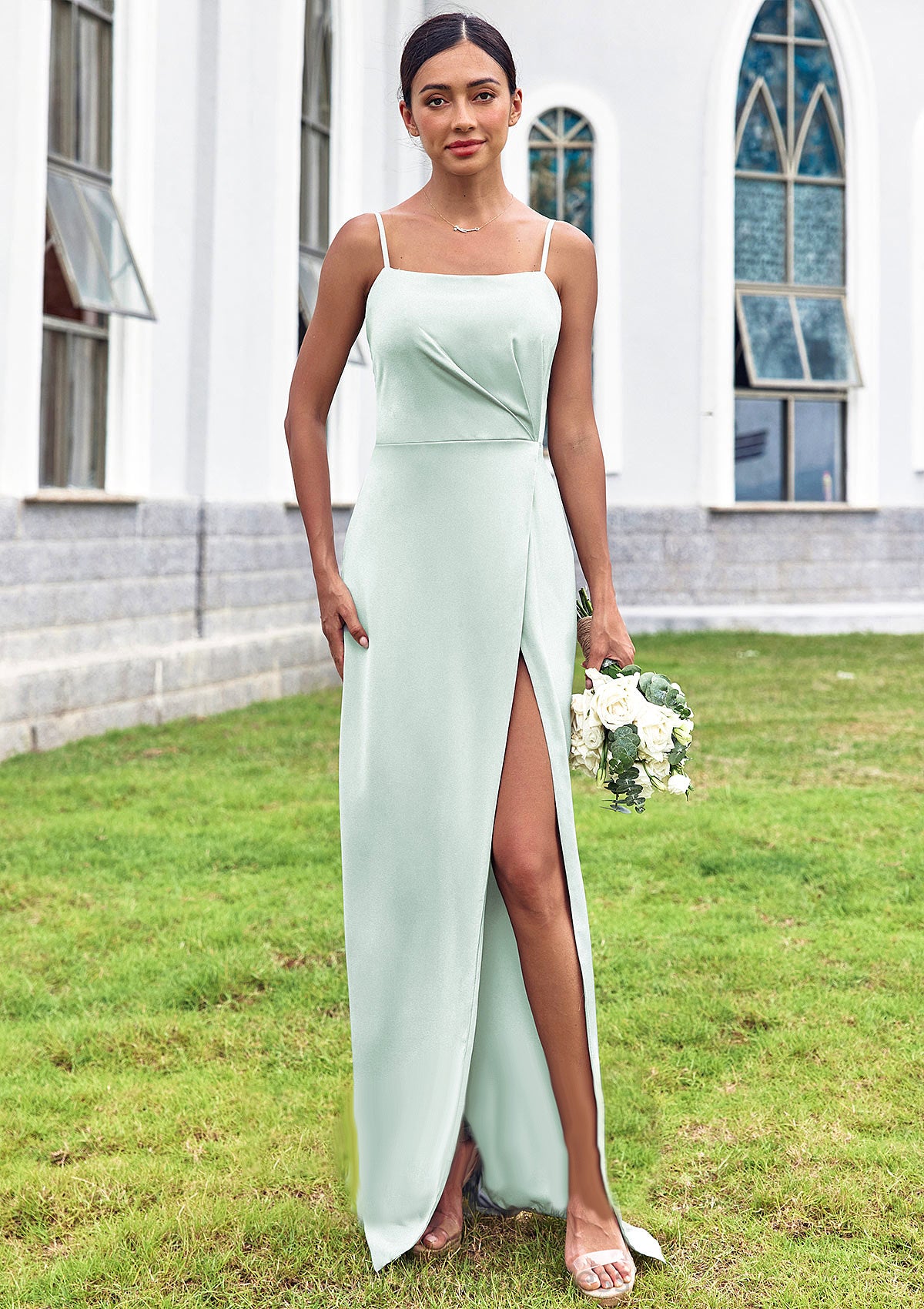 Sheath/Column Square Neckline Sleeveless Floor-Length Stretch Satin Bridesmaid Dresses with Pleated Split Eden DTP0025264