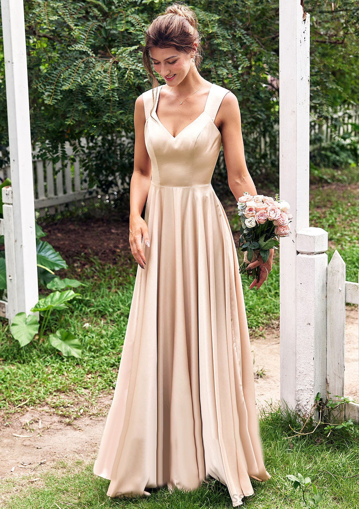 A-line V Neck Sleeveless Floor-Length Stretch Satin Bridesmaid Dresses with Pleated Jasmine DTP0025266