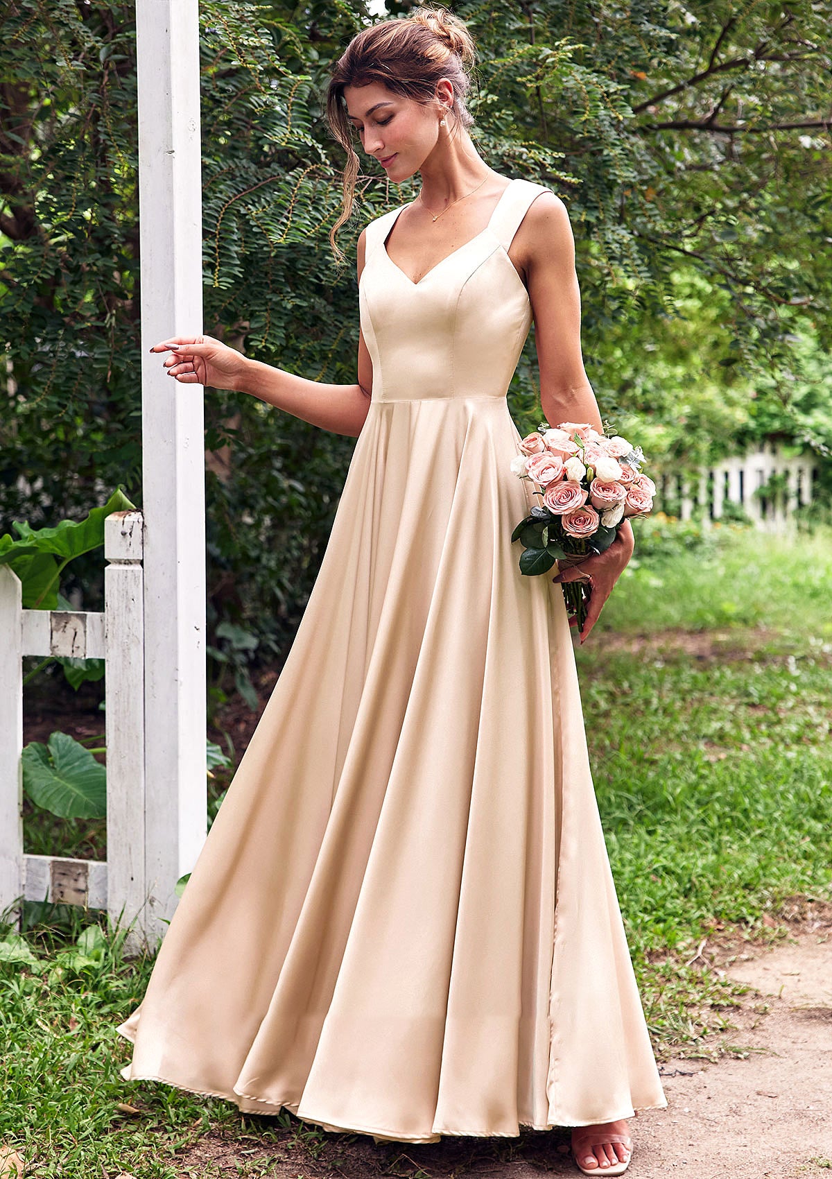 A-line V Neck Sleeveless Floor-Length Stretch Satin Bridesmaid Dresses with Pleated Jasmine DTP0025266