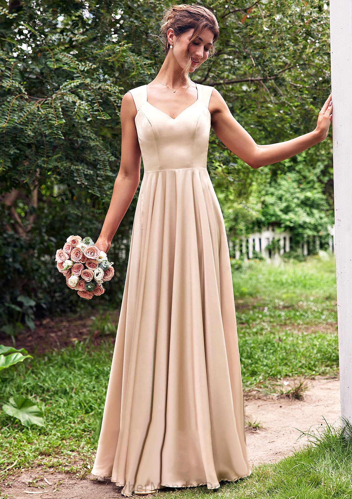 A-line V Neck Sleeveless Floor-Length Stretch Satin Bridesmaid Dresses with Pleated Jasmine DTP0025266