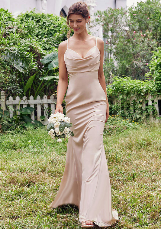 Sheath/Column V Neck Sleeveless Floor-Length Stretch Satin Bridesmaid Dresses with Pleated Emmalee DTP0025267