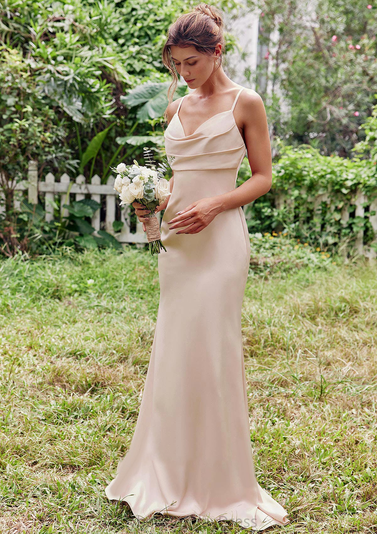 Sheath/Column V Neck Sleeveless Floor-Length Stretch Satin Bridesmaid Dresses with Pleated Emmalee DTP0025267