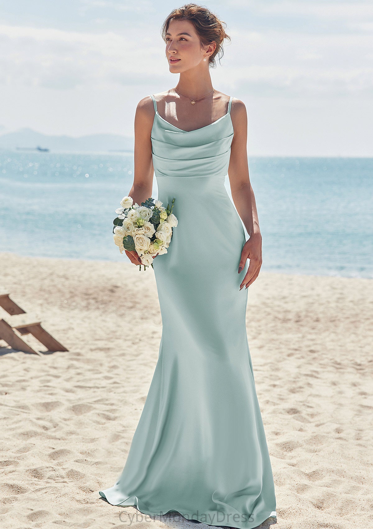 Sheath/Column V Neck Sleeveless Floor-Length Stretch Satin Bridesmaid Dresses with Pleated Rhoda DTP0025268