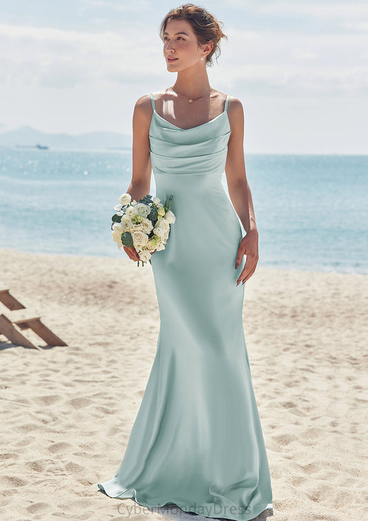 Sheath/Column V Neck Sleeveless Floor-Length Stretch Satin Bridesmaid Dresses with Pleated Rhoda DTP0025268