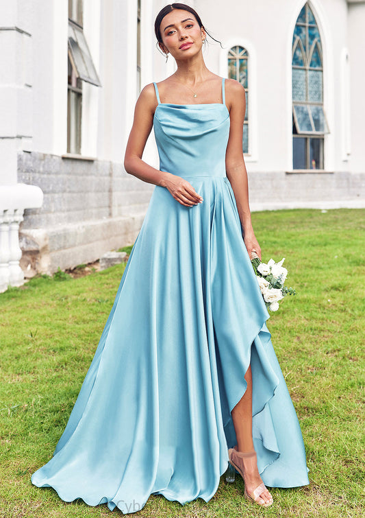 A-line Cowl Neck Sleeveless Floor-Length Stretch Satin Bridesmaid Dresses with Pleated Ruffles Split Hallie DTP0025270