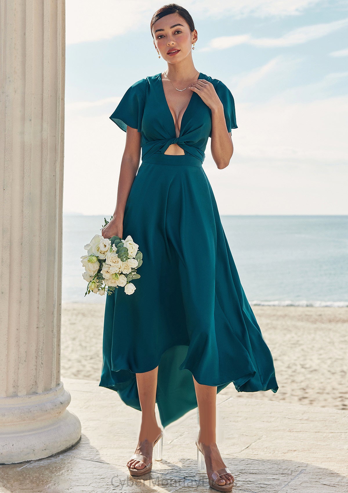 A-line V Neck Short Sleeve Asymmetrical Stretch Satin Bridesmaid Dresses with Bowknot Sashes Sierra DTP0025272