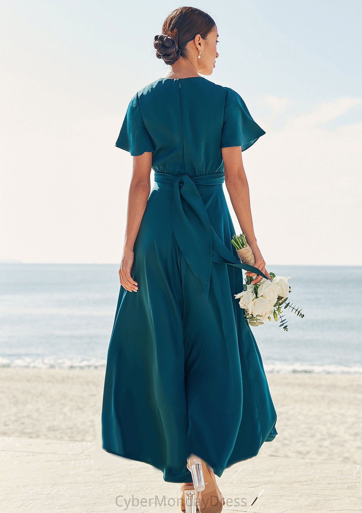 A-line V Neck Short Sleeve Asymmetrical Stretch Satin Bridesmaid Dresses with Bowknot Sashes Sierra DTP0025272