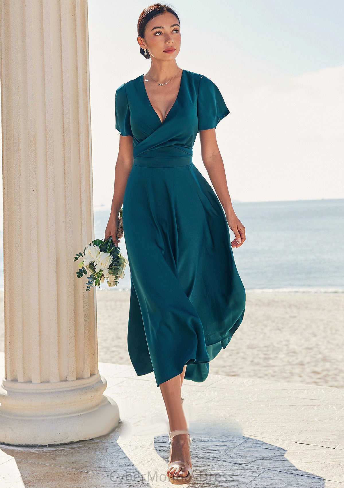 A-line V Neck Short Sleeve Asymmetrical Stretch Satin Bridesmaid Dresses with Bowknot Sashes Sierra DTP0025272