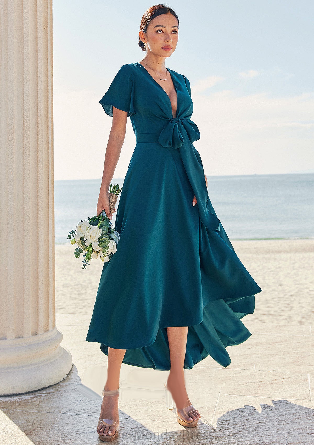 A-line V Neck Short Sleeve Asymmetrical Stretch Satin Bridesmaid Dresses with Bowknot Sashes Sierra DTP0025272