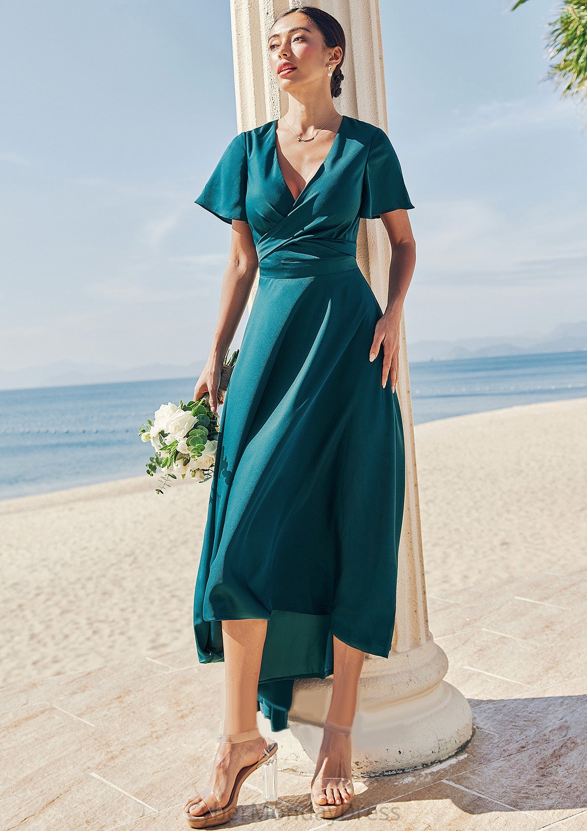 A-line V Neck Short Sleeve Asymmetrical Stretch Satin Bridesmaid Dresses with Bowknot Sashes Sierra DTP0025272