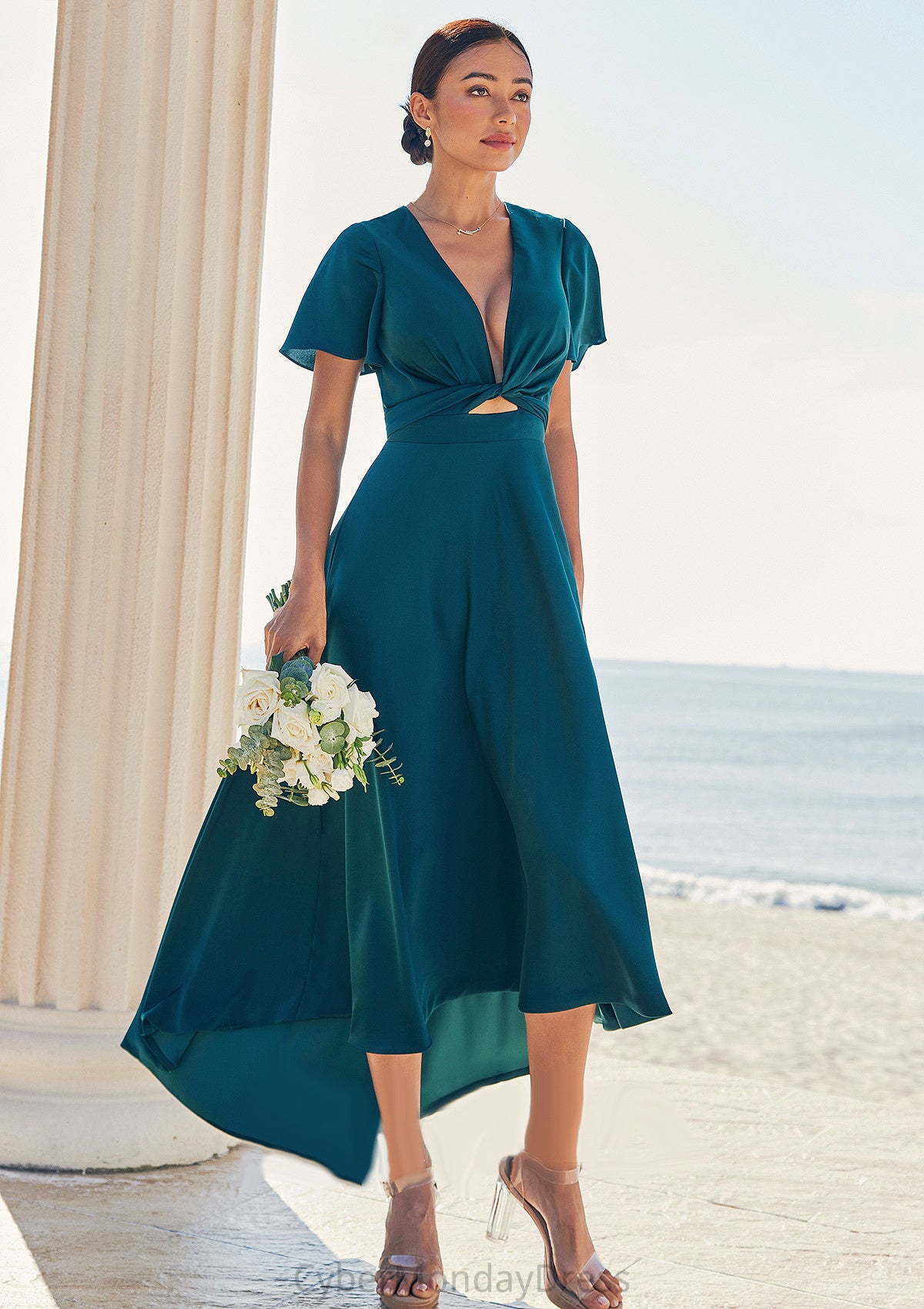 A-line V Neck Short Sleeve Asymmetrical Stretch Satin Bridesmaid Dresses with Bowknot Sashes Sierra DTP0025272