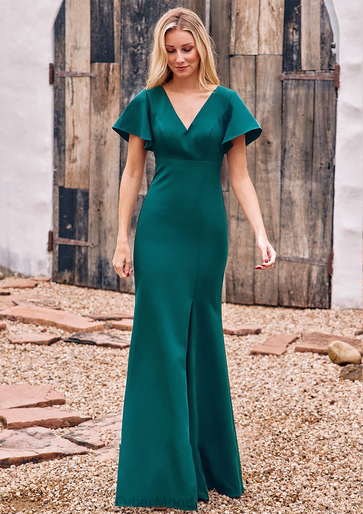 Trumpet/Mermaid V Neck Short Sleeve Stretch Crepe Floor-Length Bridesmaid Dresses with Split Ryleigh DTP0025273