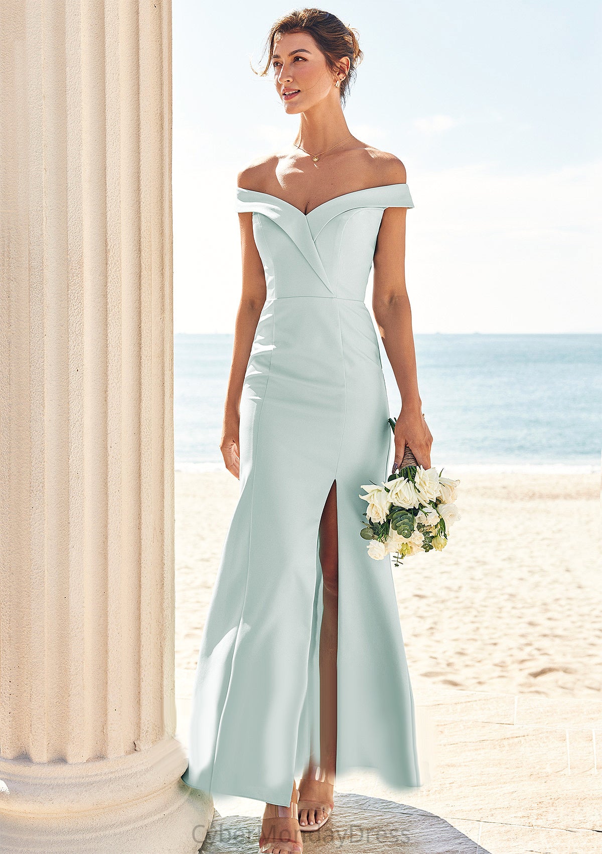 Trumpet/Mermaid Off-the-Shoulder Sleeveless Floor-Length Stretch Crepe Bridesmaid Dresses with Split Vanessa DTP0025274