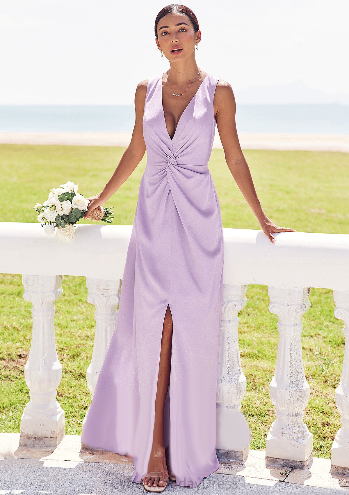 A-line V Neck Sleeveless Floor-Length Stretch Satin Bridesmaid Dresses with Pleated Split Myla DTP0025276