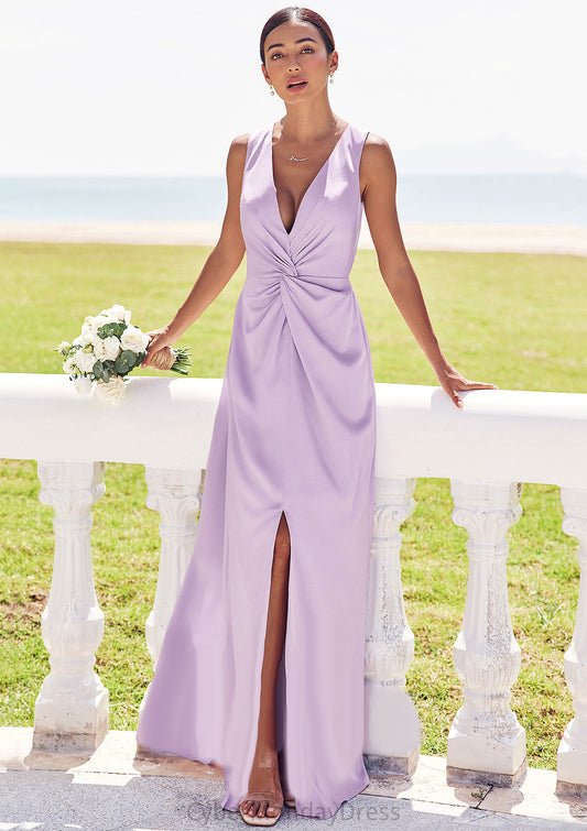 A-line V Neck Sleeveless Floor-Length Stretch Satin Bridesmaid Dresses with Pleated Split Myla DTP0025276