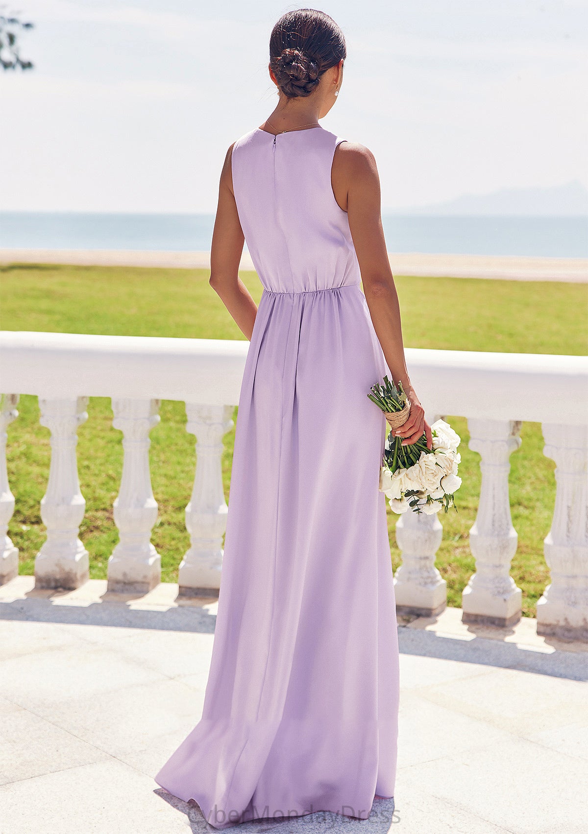 A-line V Neck Sleeveless Floor-Length Stretch Satin Bridesmaid Dresses with Pleated Split Myla DTP0025276