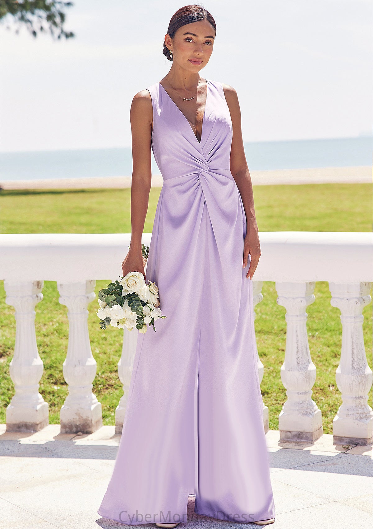 A-line V Neck Sleeveless Floor-Length Stretch Satin Bridesmaid Dresses with Pleated Split Myla DTP0025276