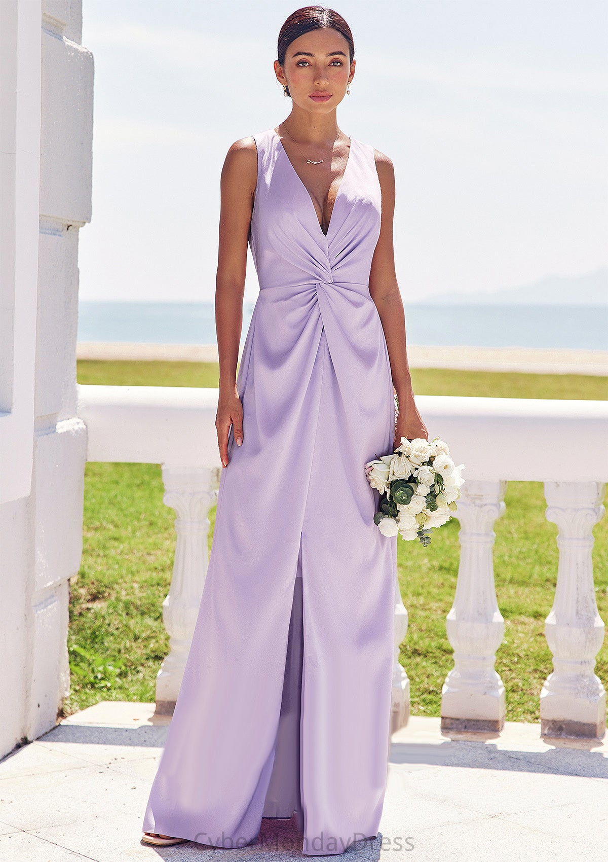 A-line V Neck Sleeveless Floor-Length Stretch Satin Bridesmaid Dresses with Pleated Split Myla DTP0025276