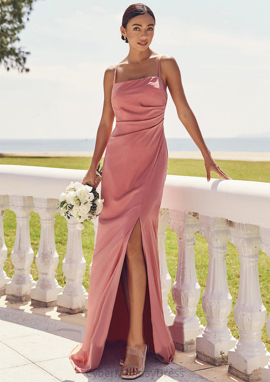 Sheath/Column Square Neckline Sleeveless Floor-Length Stretch Satin Bridesmaid Dresses with Pleated Split Evangeline DTP0025277