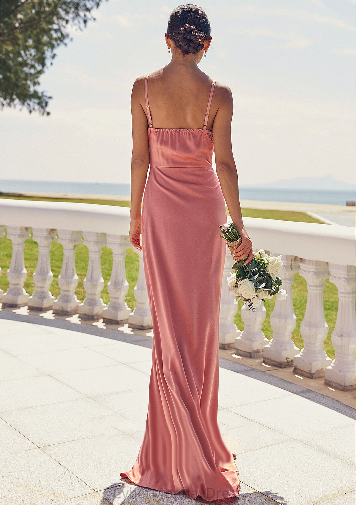 Sheath/Column Square Neckline Sleeveless Floor-Length Stretch Satin Bridesmaid Dresses with Pleated Split Evangeline DTP0025277